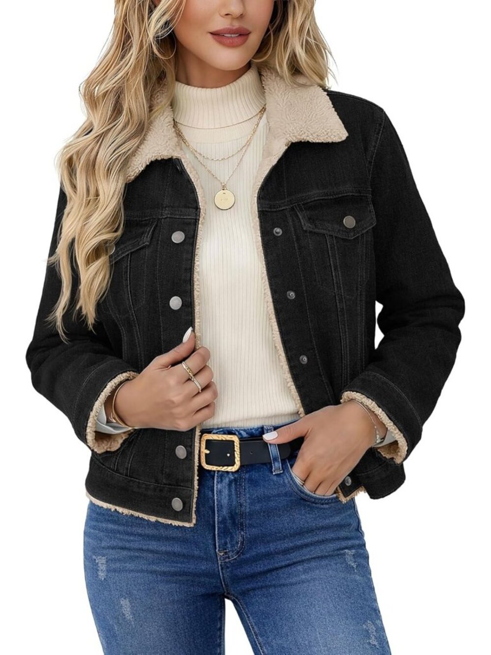 Cozy Sherpa-Lined Denim Jacket | Warm Fur Collar Trucker Coat with Pockets